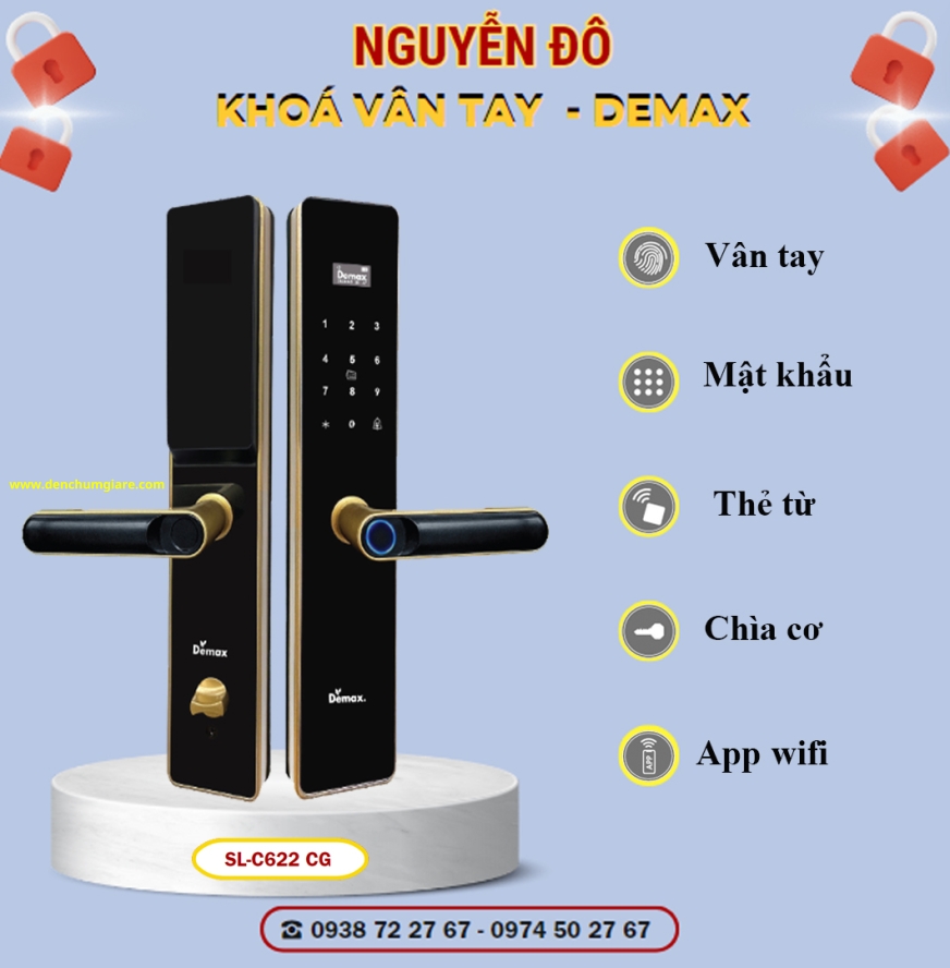 Khoá vân tay cửa gỗ Demax SL-C622 CG màu Đen-vàng Gold tiêu chuẩn Đức với 5 tính năng nổi bật 