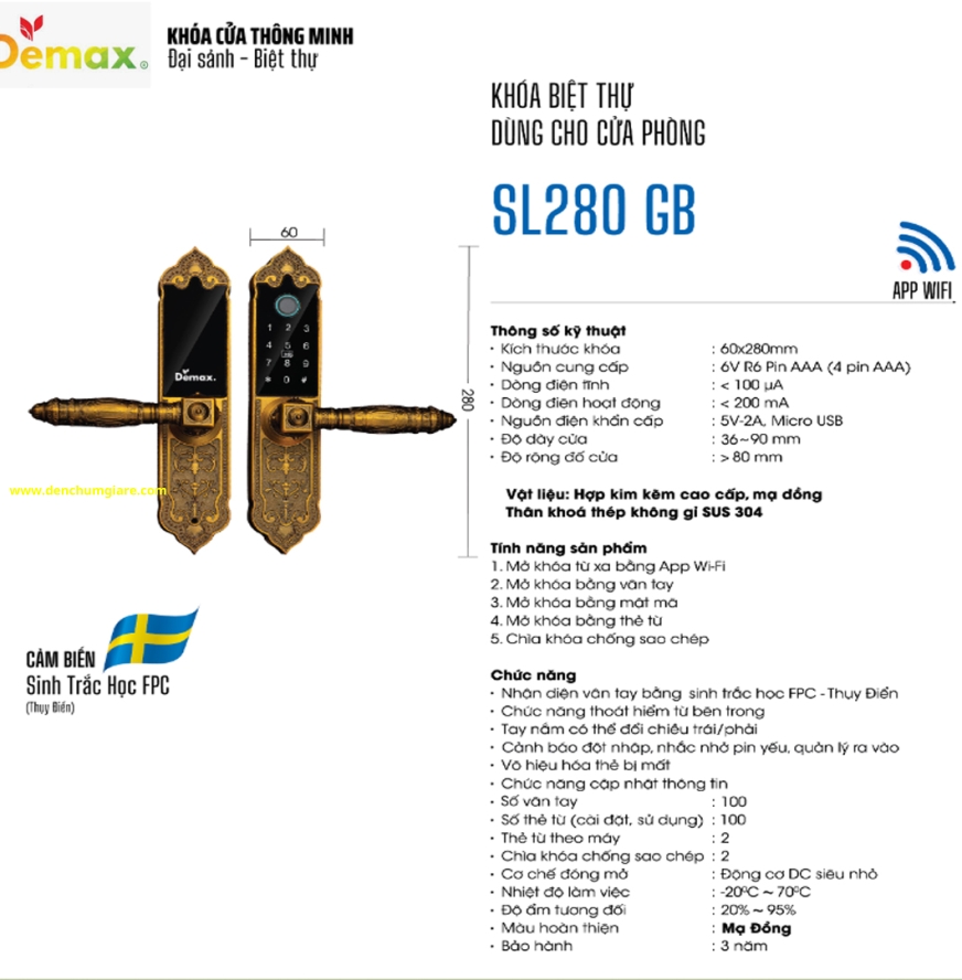 Khoá vân tay cửa đại sảnh Demax SL280 GB mạ đồng tiêu chuẩn Đức với 5 tính năng nổi bật 