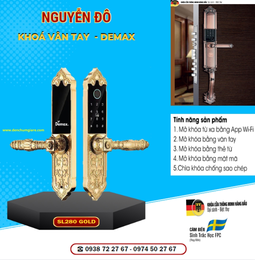 Khoá vân tay cửa đại sảnh Demax SL280 Gold mạ vàng 24K tiêu chuẩn Đức với 5 tính năng nổi bật 