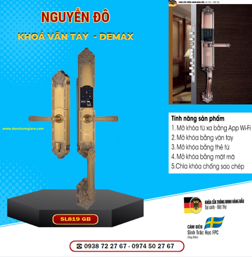Khoá vân tay cửa đại sảnh Demax SL819 GB mạ đồng tiêu chuẩn Đức với 5 tính năng nổi bật 