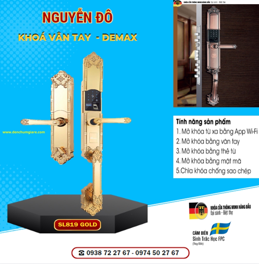 Khoá vân tay cửa đại sảnh Demax SL819 Gold mạ vàng 24K tiêu chuẩn Đức với 5 tính năng nổi bật 