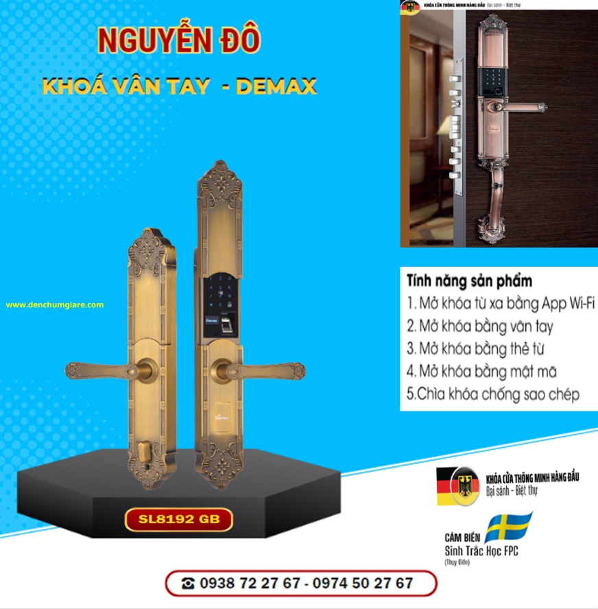  Khoá vân tay cửa đại sảnh Demax SL8192 GB mạ đồng tiêu chuẩn Đức với 5 tính năng nổi bật 