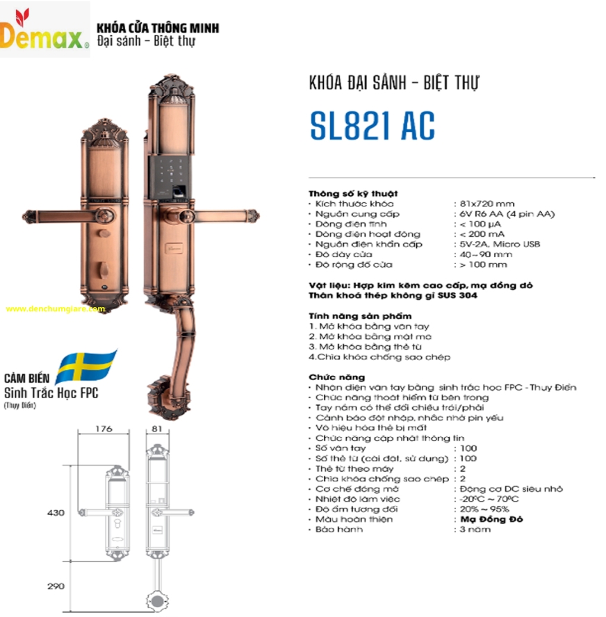 Khoá vân tay cửa đại sảnh Demax SL821 AC mạ đồng đỏ tiêu chuẩn Đức với 4 tính năng nổi bật 