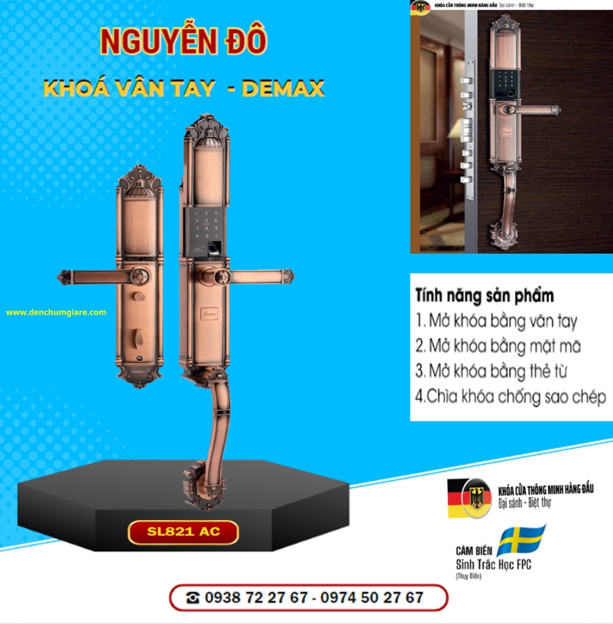 Khoá vân tay cửa đại sảnh Demax SL821 AC mạ đồng đỏ tiêu chuẩn Đức với 4 tính năng nổi bật 