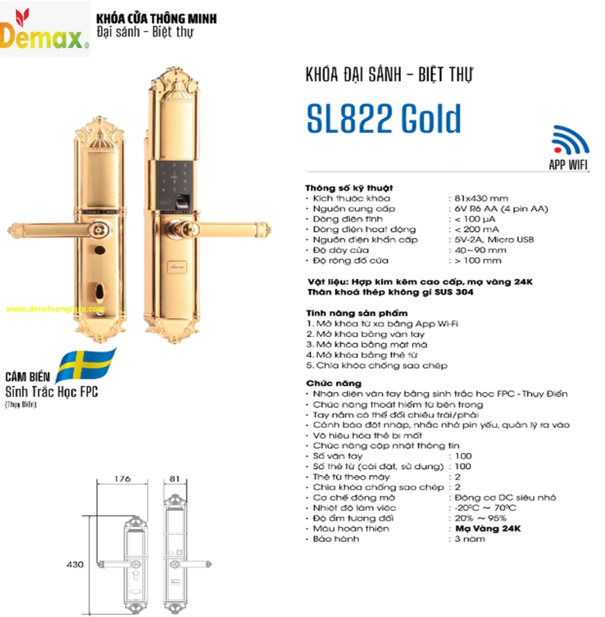 Khoá vân tay cửa đại sảnh Demax SL822 Gold mạ vàng 24K tiêu chuẩn Đức với 5 tính năng nổi bật 