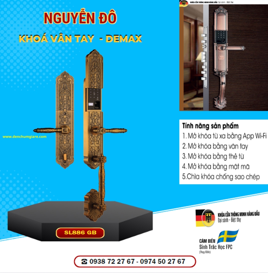 Khoá vân tay cửa đại sảnh Demax SL886 GB mạ đồng tiêu chuẩn Đức với 5 tính năng nổi bật 