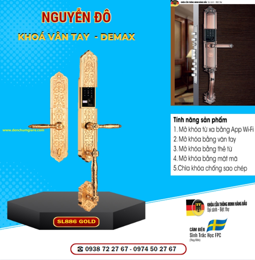 Khoá vân tay cửa đại sảnh Demax SL886 Gold mạ vàng 24K tiêu chuẩn Đức với 5 tính năng nổi bật 