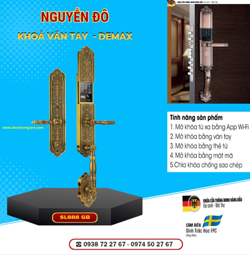 Khoá vân tay cửa đại sảnh Demax SL888 GB BRASS mạ đồng vàng tiêu chuẩn Đức với 5 tính năng nổi bật 