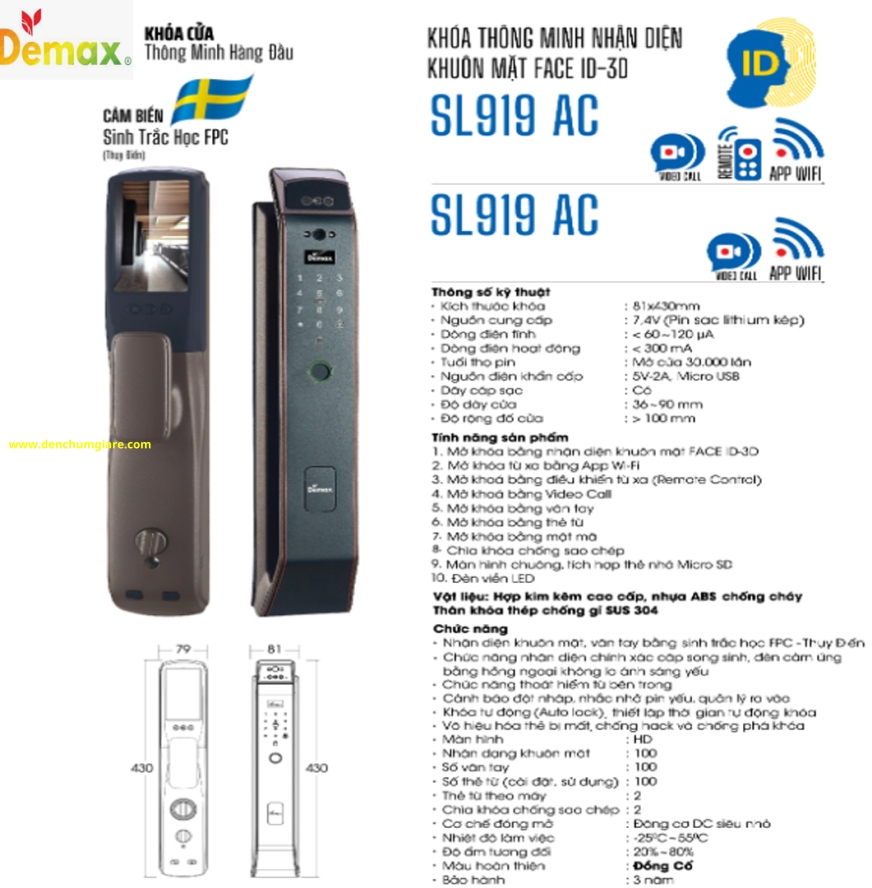 Khoá vân tay cửa gỗ Demax SL919 AC màu Đồng cổ tiêu chuẩn Đức với 9 tính năng nổi bật 