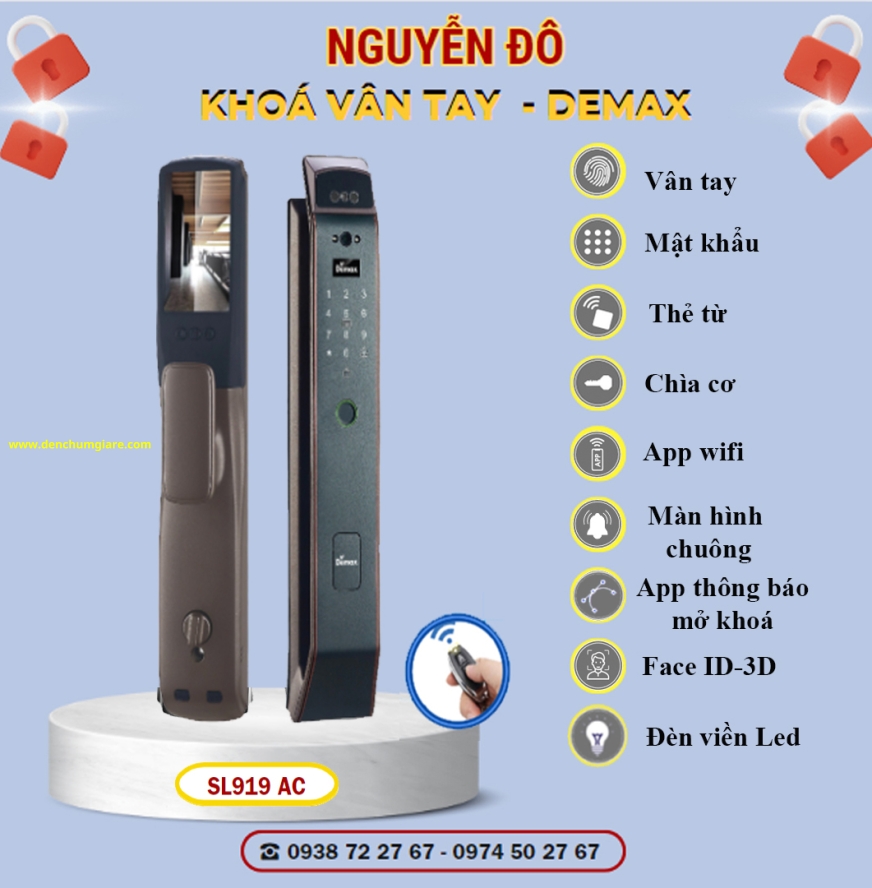 Khoá vân tay cửa gỗ Demax SL919 AC màu Đồng cổ tiêu chuẩn Đức với 9 tính năng nổi bật 