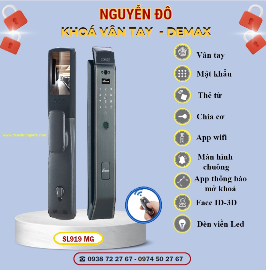 Khoá vân tay cửa gỗ Demax SL919 MG màu Xám ánh kim tiêu chuẩn Đức với 9 tính năng nổi bật 