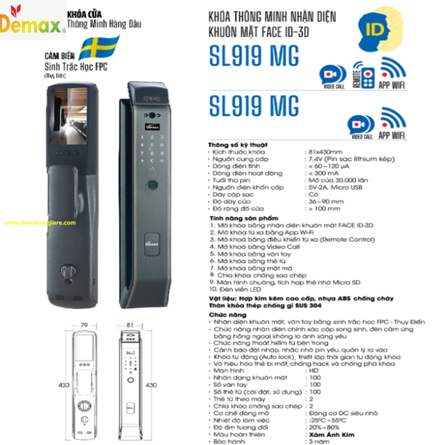 Khoá vân tay cửa gỗ Demax SL919 MG màu Xám ánh kim tiêu chuẩn Đức với 9 tính năng nổi bật 