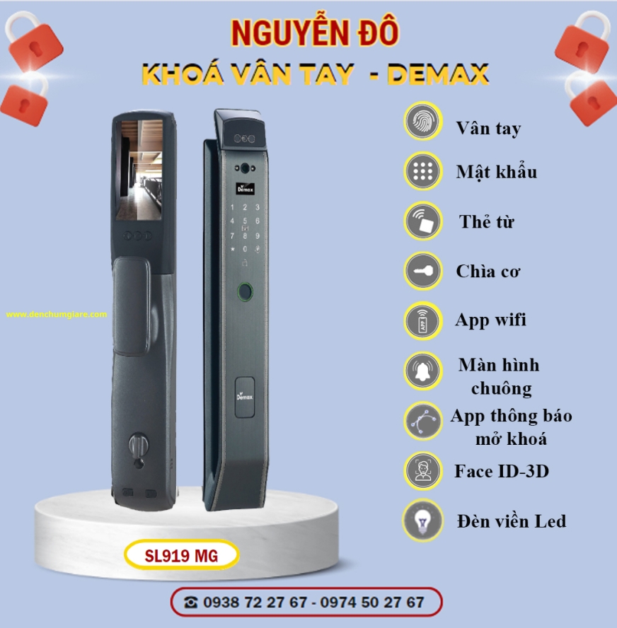 Khoá vân tay cửa gỗ Demax SL919 MG màu Xám ánh kim tiêu chuẩn Đức với 9 tính năng nổi bật 