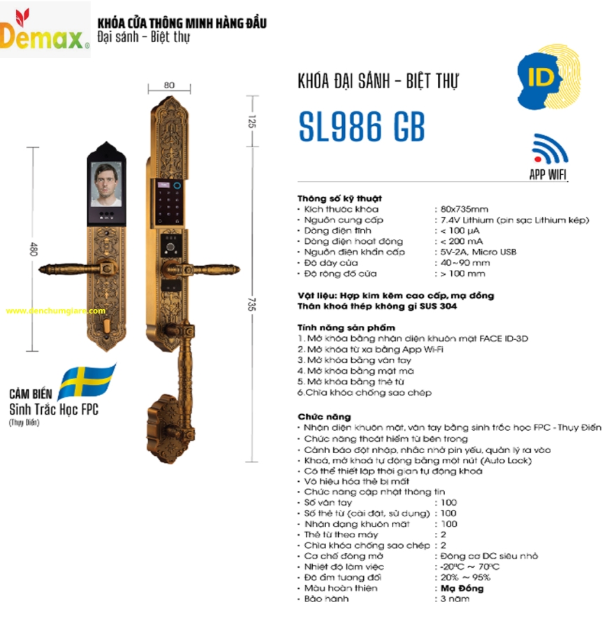 Khoá vân tay cửa đại sảnh Demax SL986 GB mạ đồng tiêu chuẩn Đức với 6 tính năng nổi bật 