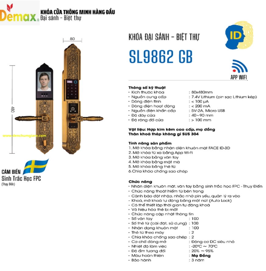 Khoá vân tay cửa đại sảnh Demax SL9862 GB mạ đồng tiêu chuẩn Đức với 6 tính năng nổi bật 