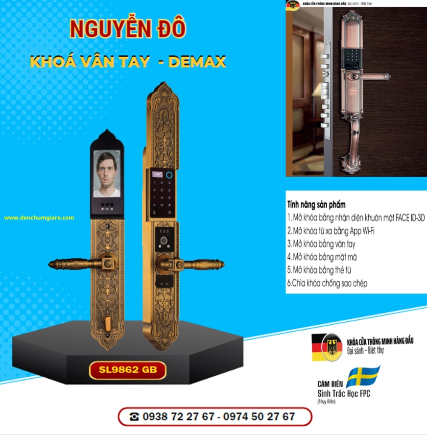 Khoá vân tay cửa đại sảnh Demax SL9862 GB mạ đồng tiêu chuẩn Đức với 6 tính năng nổi bật 