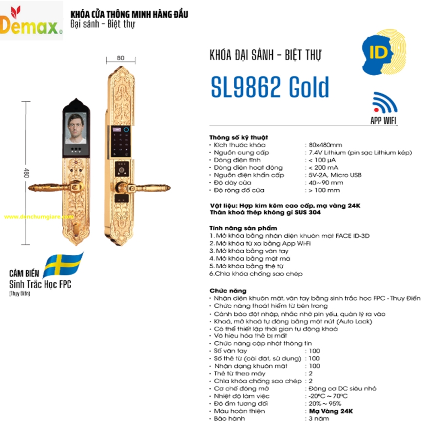 Khoá vân tay cửa đại sảnh Demax SL9862 Gold mạ vàng 24k tiêu chuẩn Đức với 6 tính năng nổi bật 