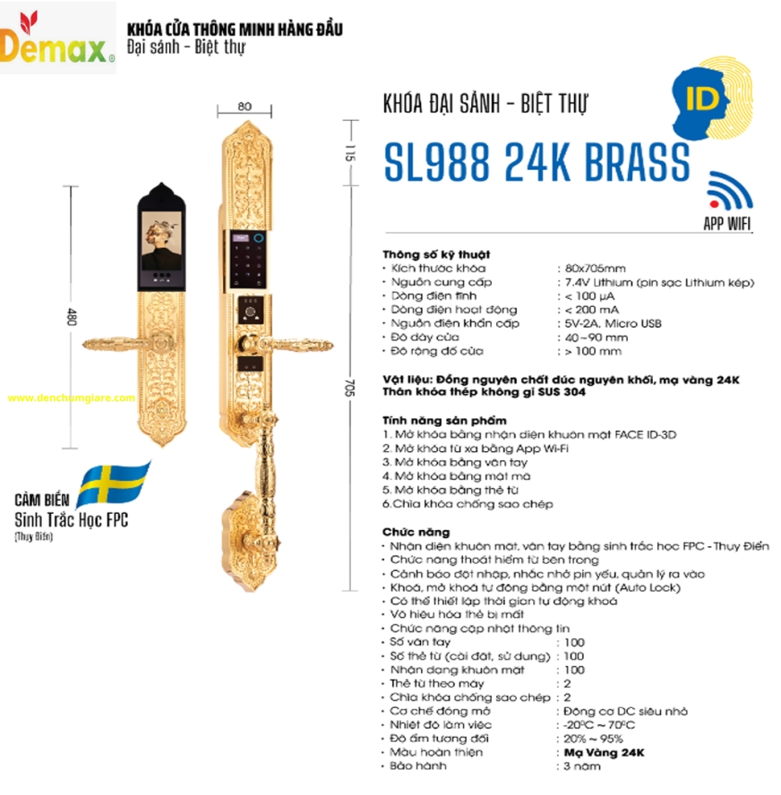 Khoá vân tay cửa đại sảnh Demax SL988 24K BRASS mạ vàng 24K tiêu chuẩn Đức với 6 tính năng nổi bật 