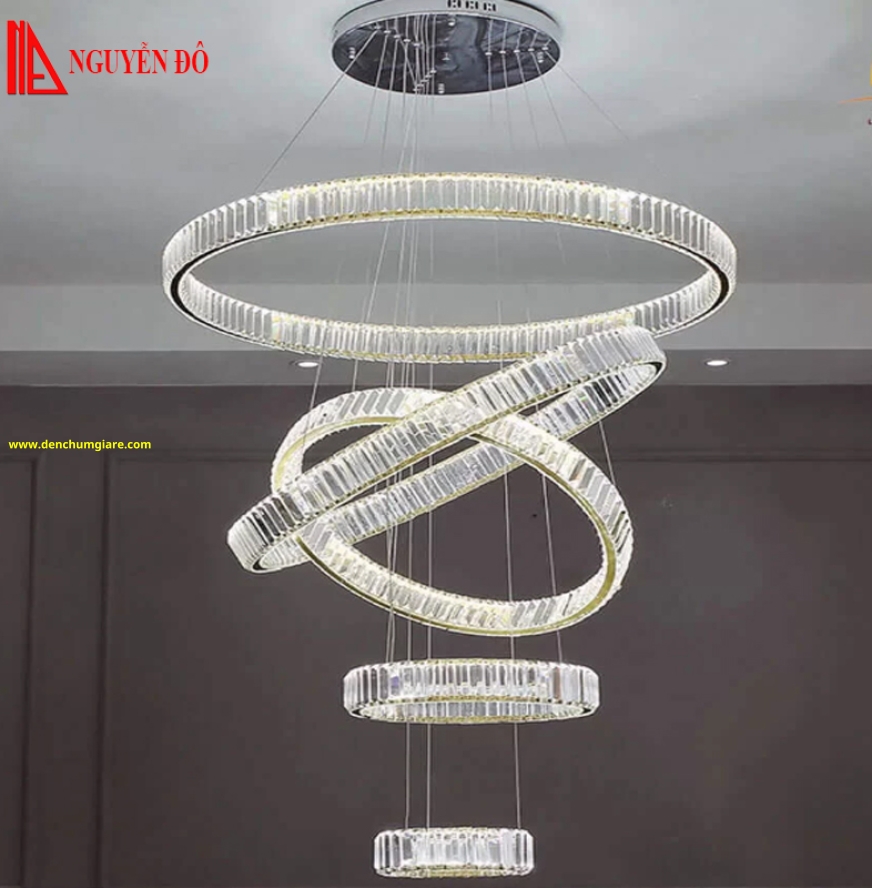 Đèn thả hiện đại, đèn thả pha lê TH-8078-21, 3 chế độ ánh sáng, tạo hình bởi 5 vòng pha lê cao cấp