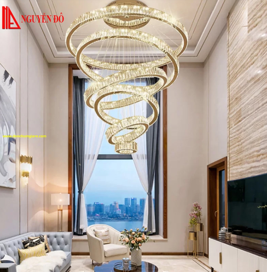 Đèn thả hiện đại, đèn thả pha lê TH-8083-21, 3 chế độ ánh sáng, tạo hình bởi 6 vòng pha lê cao cấp