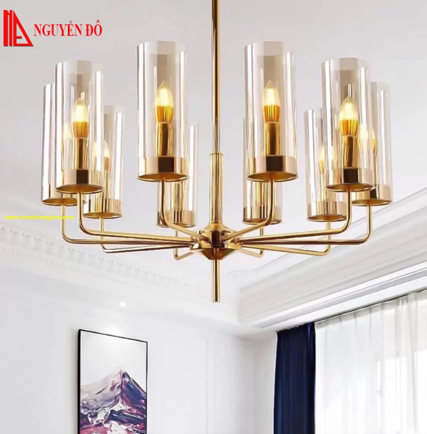 Đèn chùm hiện đại, đèn chùm trang trí TH-8088, tạo hình bởi hình trụ tròn thuỷ tinh và nến trang trí
