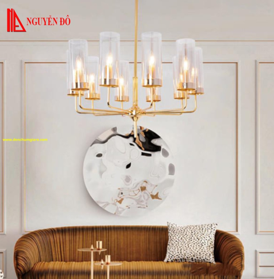 Đèn chùm hiện đại, đèn chùm trang trí TH-8088, tạo hình bởi hình trụ tròn thuỷ tinh và nến trang trí
