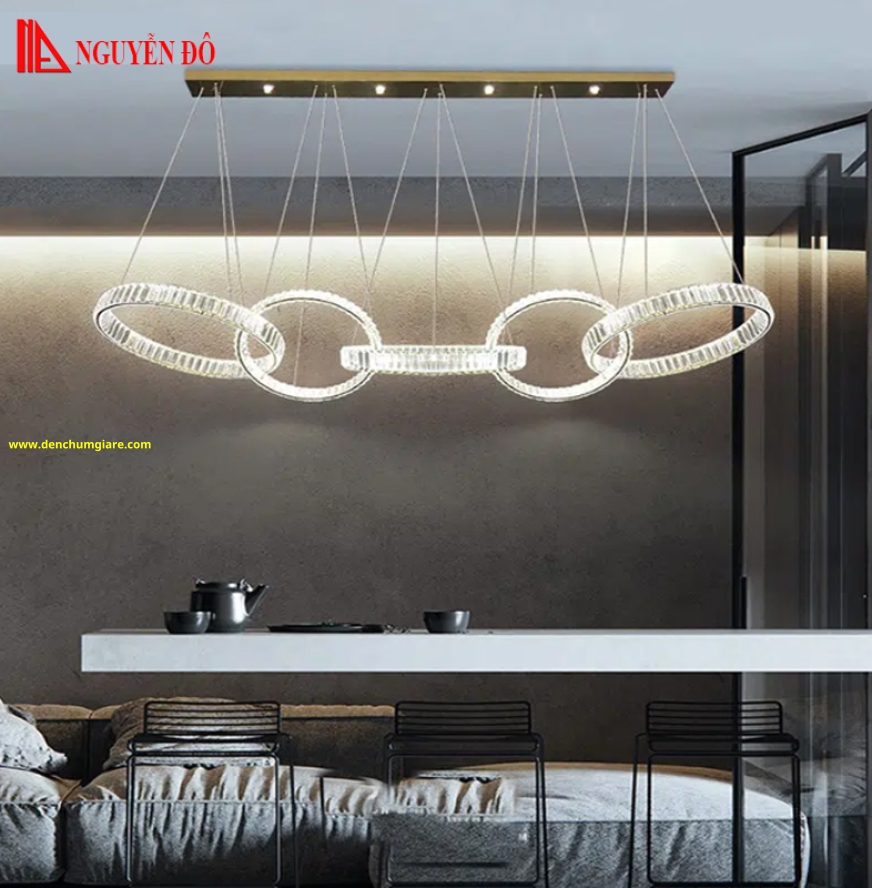 Đèn thả hiện đại, đèn thả pha lê TH-8316, 3 chế độ ánh sáng, tạo hình bởi 5 vòng pha lê cao cấp