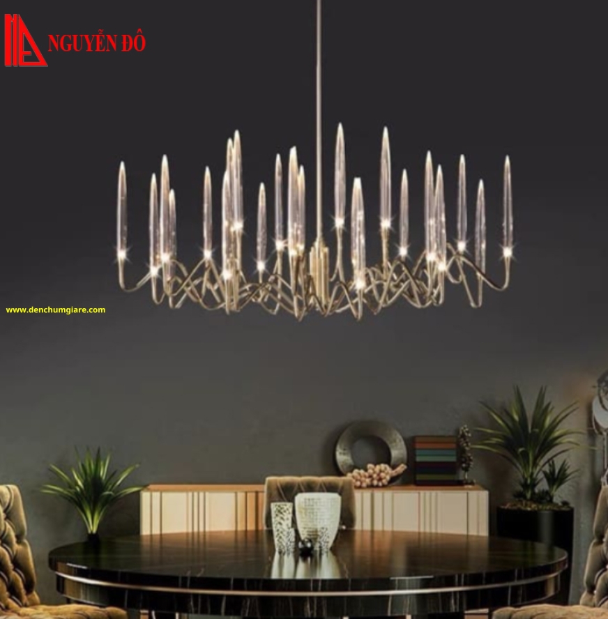 Đèn chùm hiện đại, đèn chùm trang trí TH-858-21, tạo hình bởi hình trụ tròn thuỷ tinh và nến trang trí