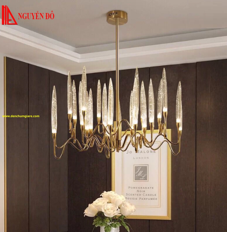 Đèn chùm hiện đại, đèn chùm trang trí TH-858-21, tạo hình bởi hình trụ tròn thuỷ tinh và nến trang trí