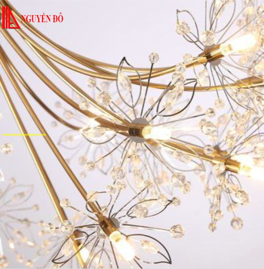 Đèn thả hiện đại, đèn thả pha lê TH-104A-21, tạo hình thành chùm hoa thuỷ tinh với thân đèn màu xi vàng