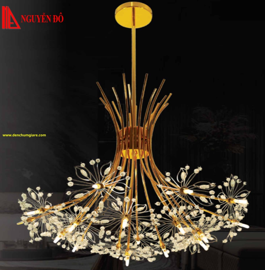 Đèn thả hiện đại, đèn thả pha lê TH-104A-21, tạo hình thành chùm hoa thuỷ tinh với thân đèn màu xi vàng