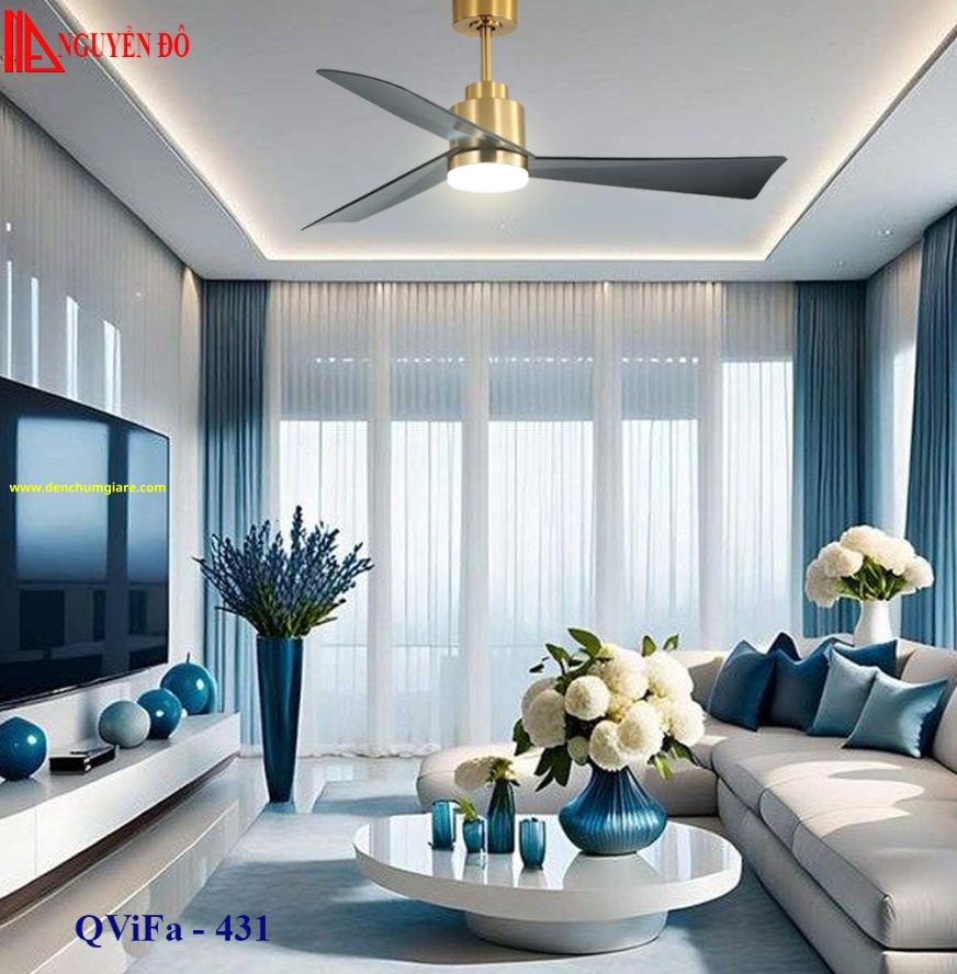 Quạt trần cánh nhựa có đèn QViFa - 431 công suất 40W, động cơ DC tiết kiệm điện, đèn led 3 chế độ ánh sáng, điều khiển từ xa bằng Remote